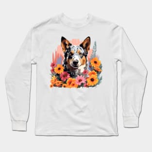 Blue Heeler Australian Cattle Dog Mountain Flower Cute Colorful Puppy Dog Long Sleeve T-Shirt